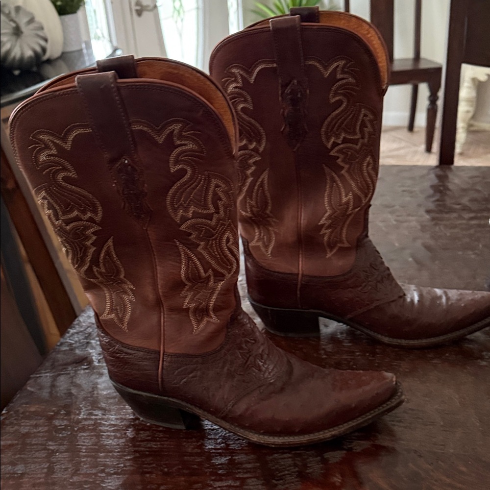 Women's Lucchese full Quill Ostrich Brown Western Boots - Picture 4 of 14